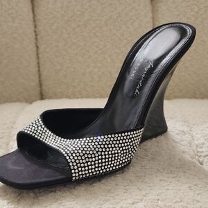 Sergio ROSSI Black Crystal Bling Wedge Slide Heels Size IT 38 US 7.5